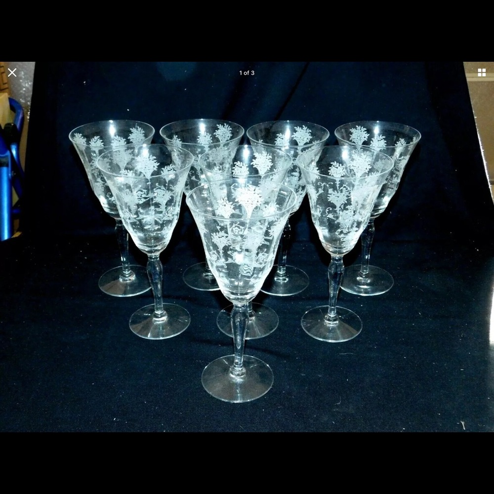 8 Antique etched wine glasses stems